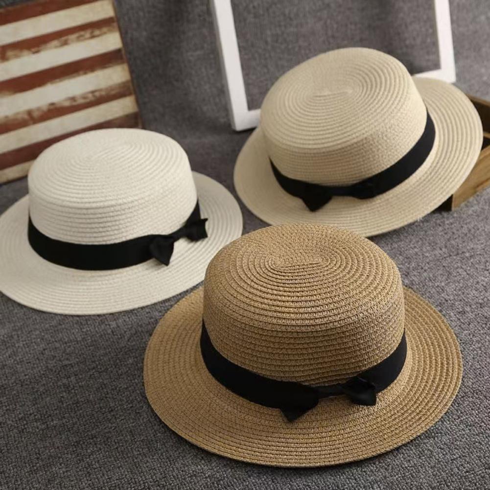 Sun Hat Wide Brim - Strand-Strohhut mit flachem Oberteil, breiter Krempe,