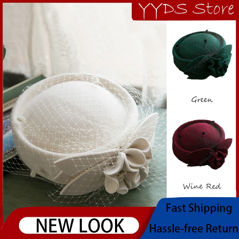 Beret French Wool - Französischer Vintage-Woll-Baskenmütze für Damen, Elegante Netzgarn-Blumendekoration,